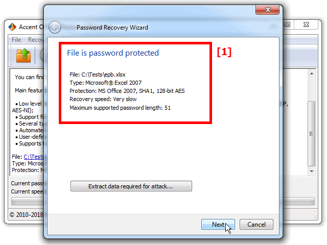 First, AccentOPR tells you about the type of protection applied in the Excel file