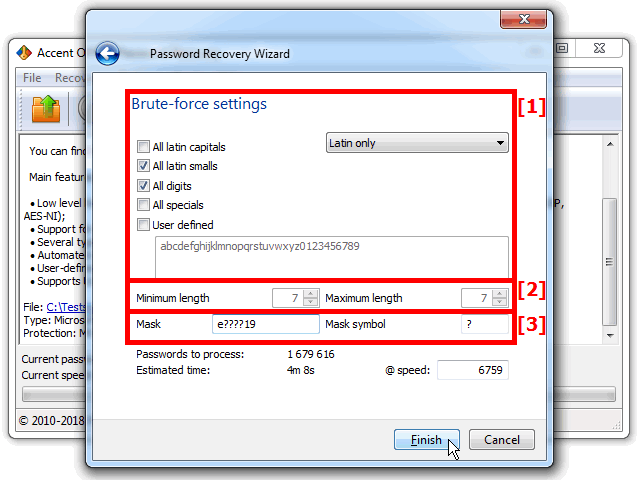 Brute force attack settings in Passcovery apps