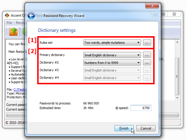 Dictionary attack settings in Passcovery apps