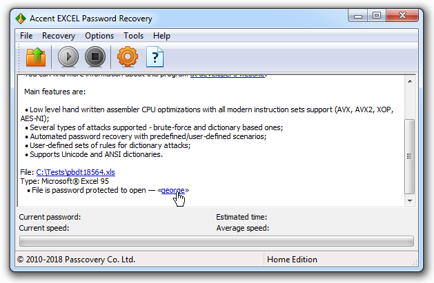 Instant recovery of Excel 6-95 passwords